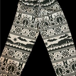 Vintage Wide Leg Cotton Earthy Dark Green and White Patterned Boho Coffee Pants